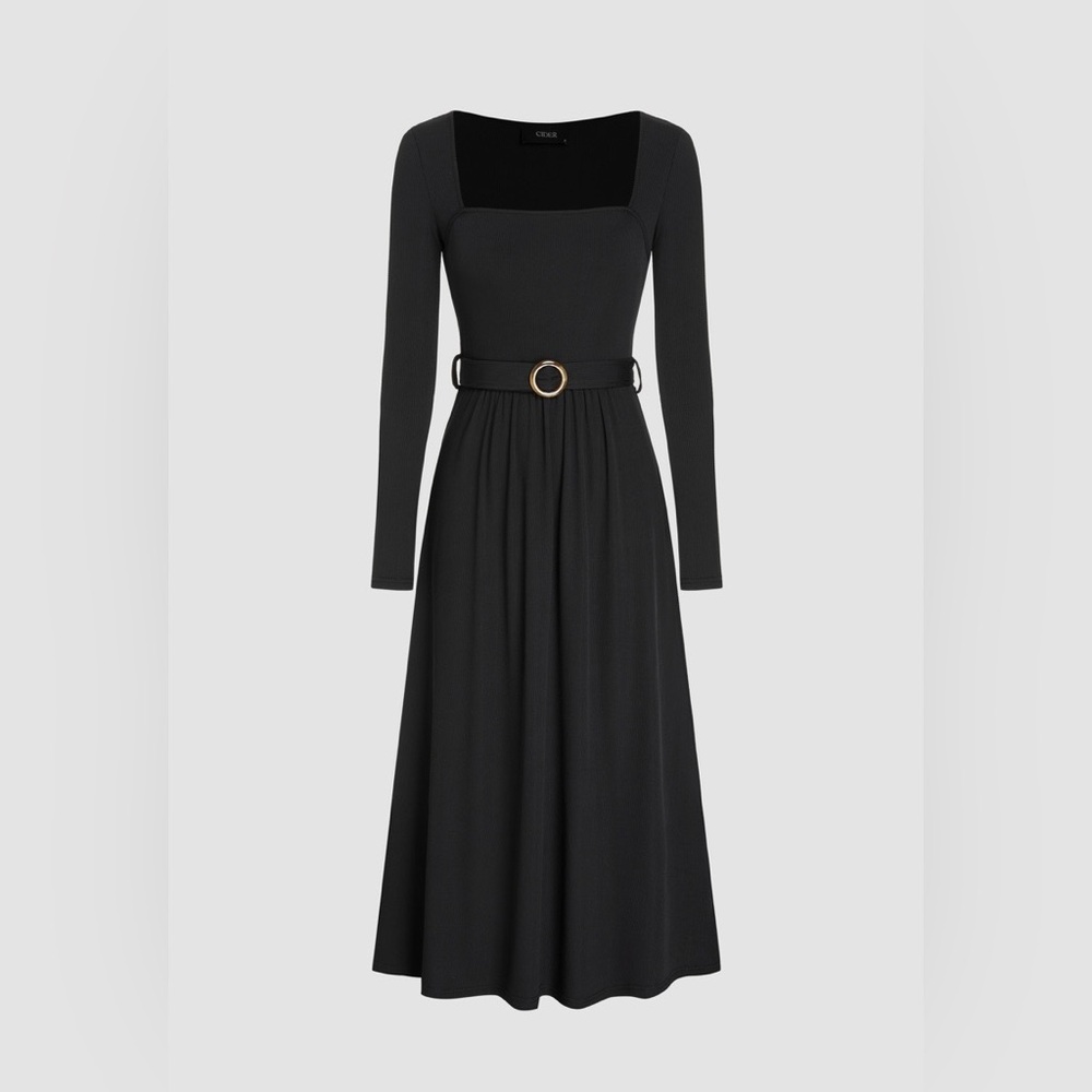 Elegant Black Long Sleeve Midi Dress